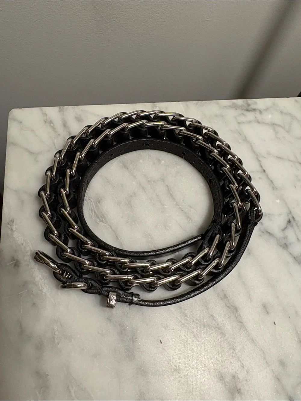 Skinny Black Leather Ladder Weave Chainlink Curb Belt Helmut Lang Diesel Biker